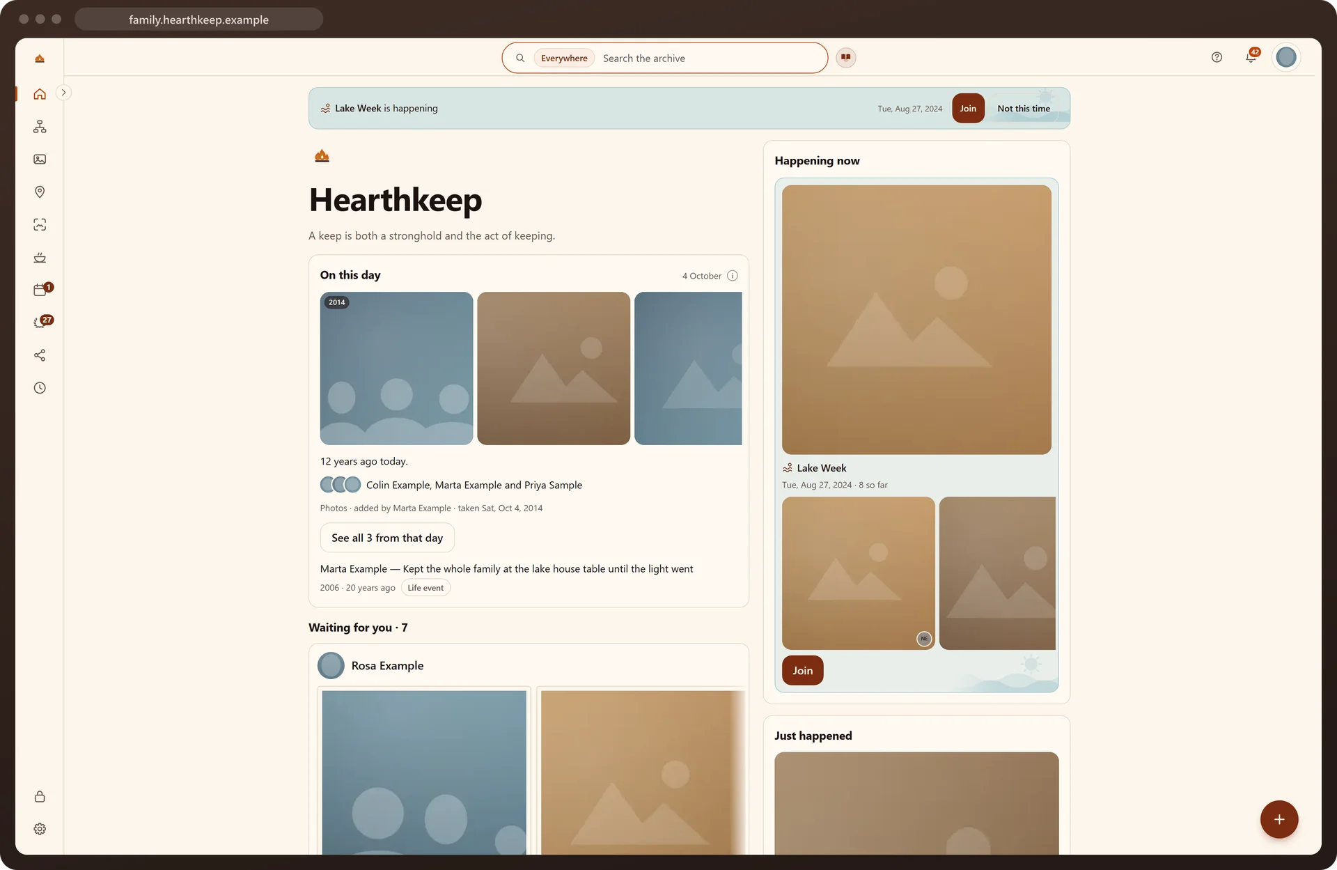 The Hearthkeep home page on a computer: on this day, what is waiting, and what is happening now.