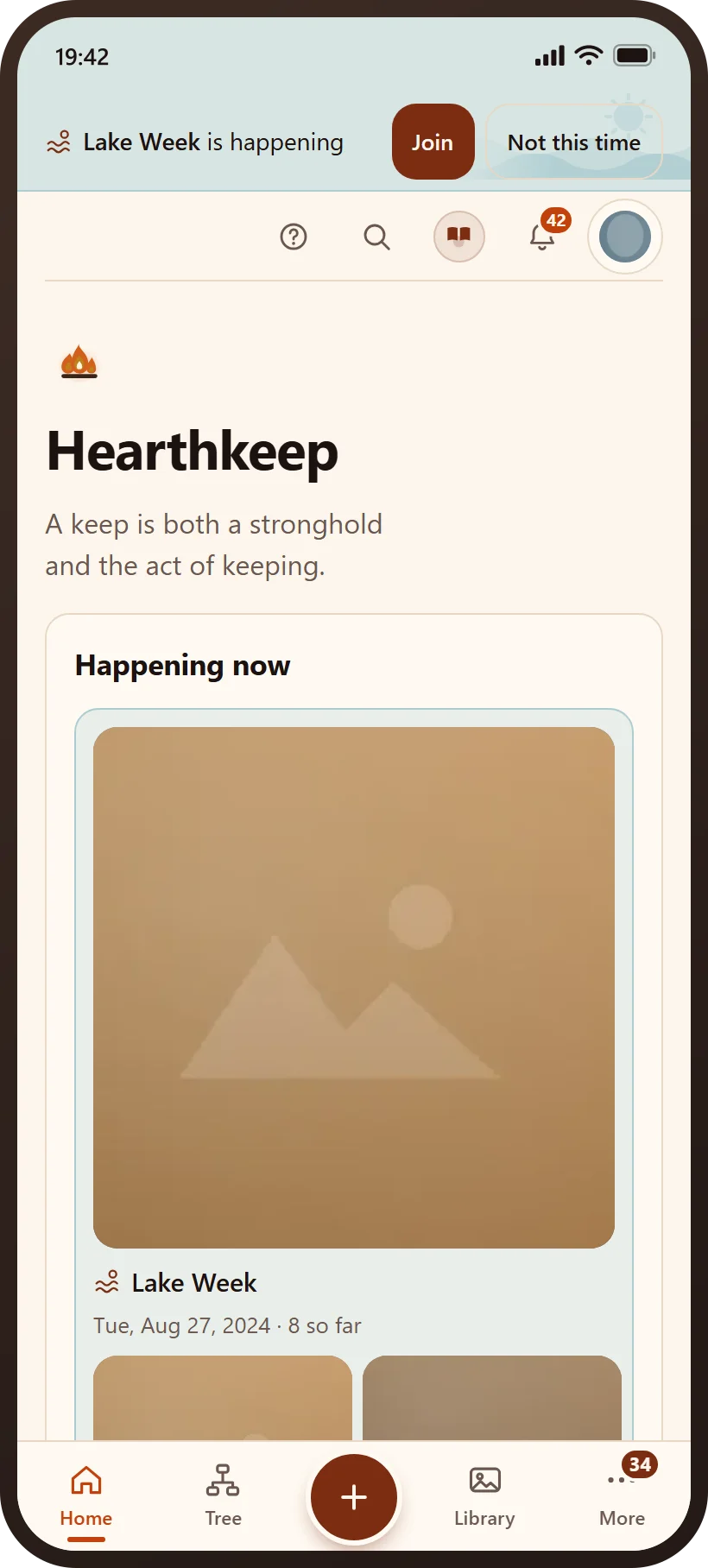 The Hearthkeep home page on a phone, with the week the family is in.
