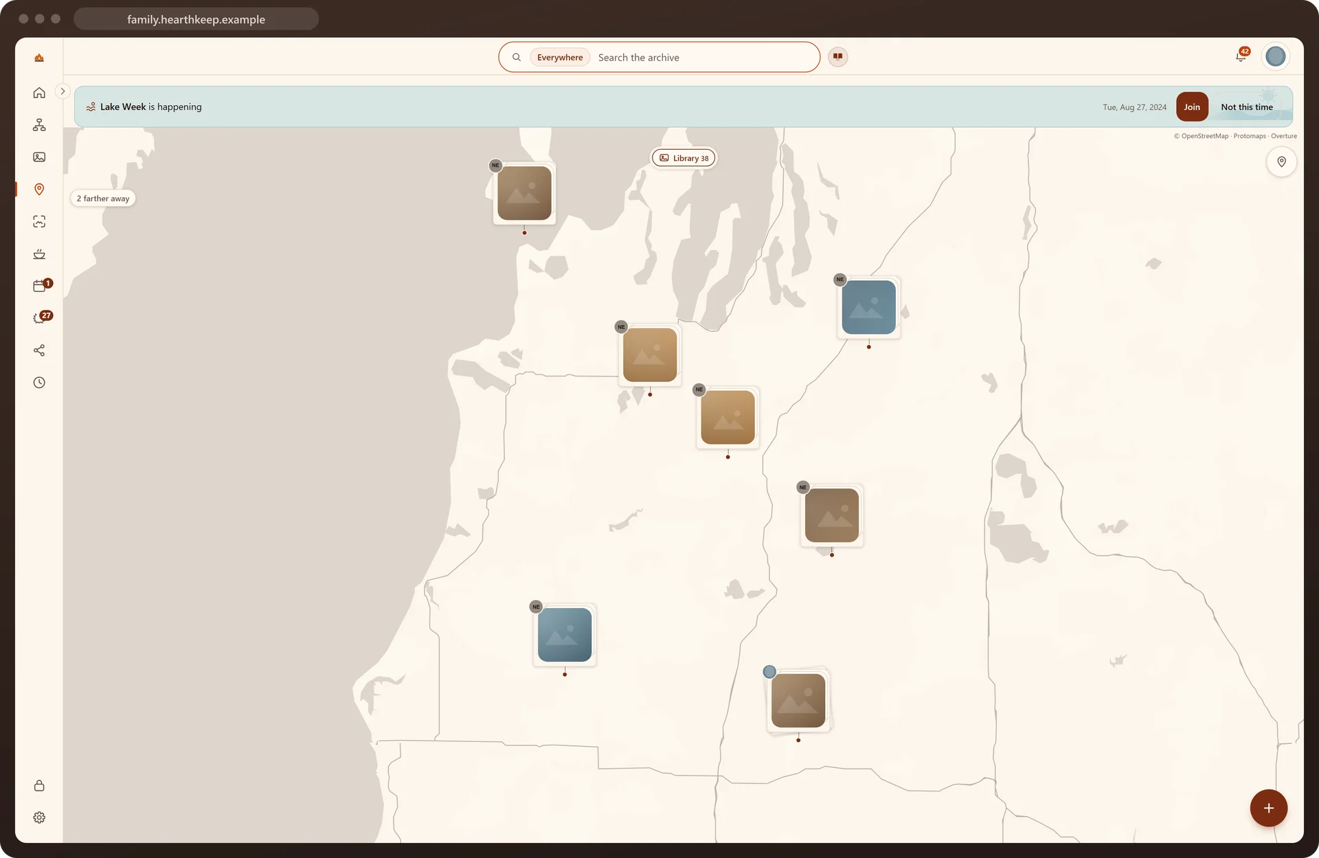 The map: photos standing where they were taken, some in piles with a count.