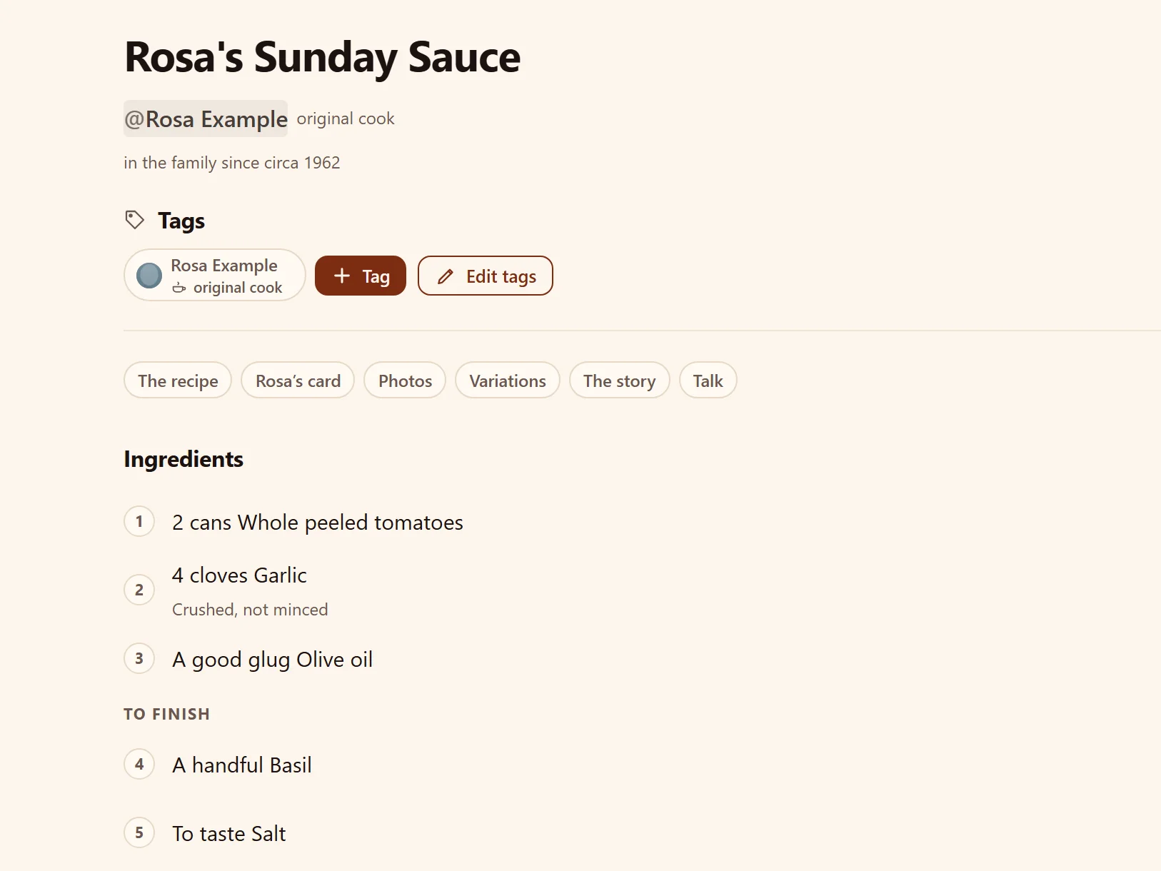 Rosa’s Sunday Sauce, typed up from her card: in the family since circa 1962, ingredients and all.