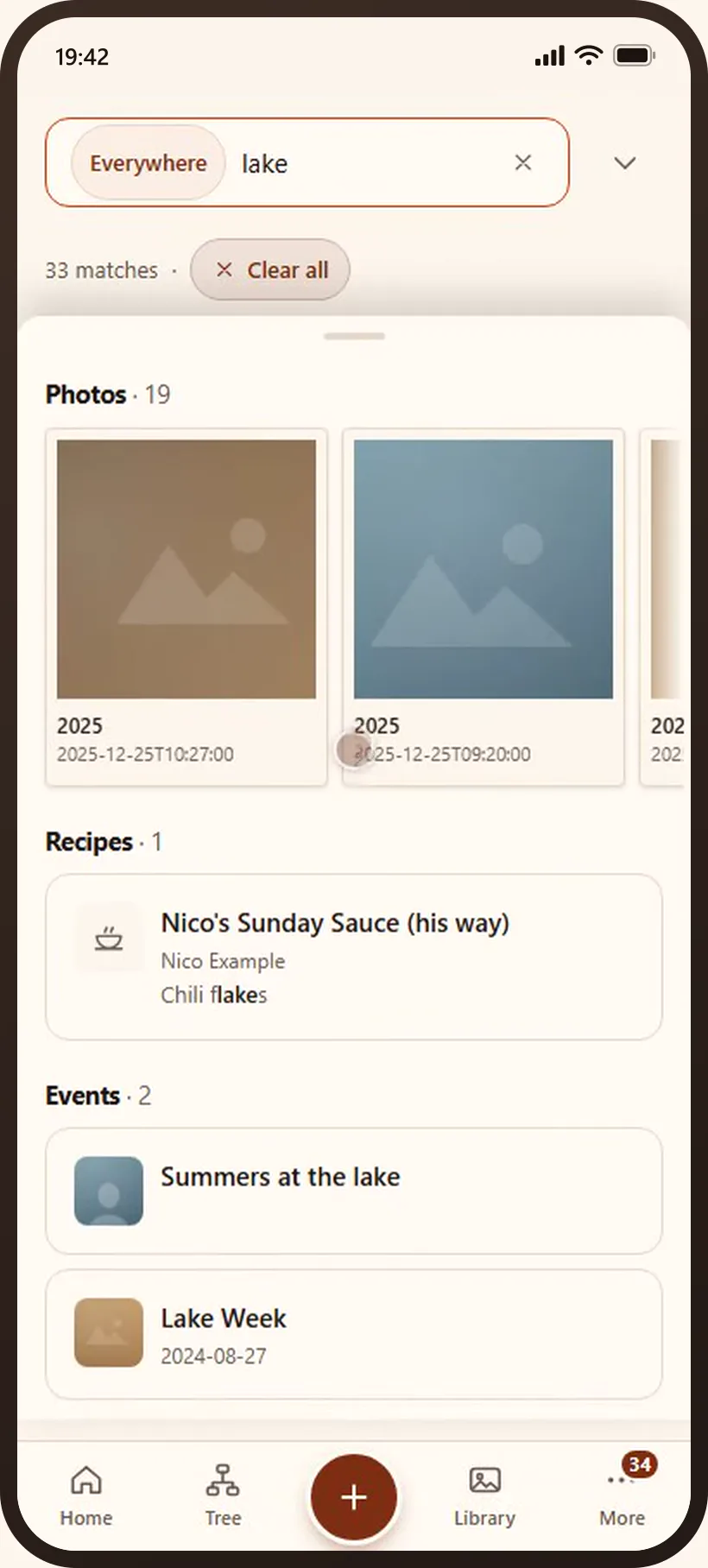 Typing “lake” into search on a phone, and the photos and stories it finds.
