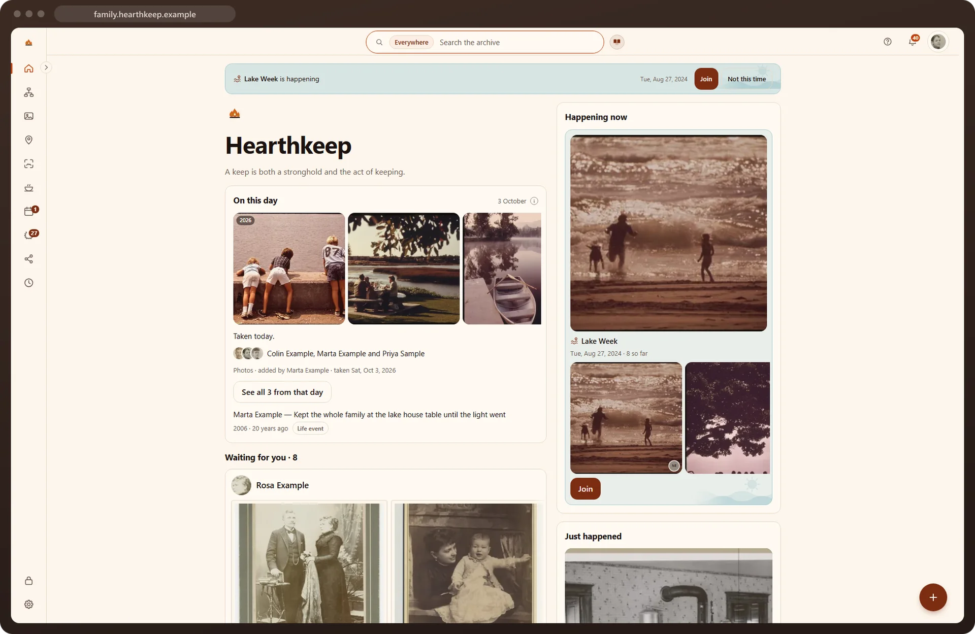 The Hearthkeep home page on a computer: on this day, what is waiting, and this week.