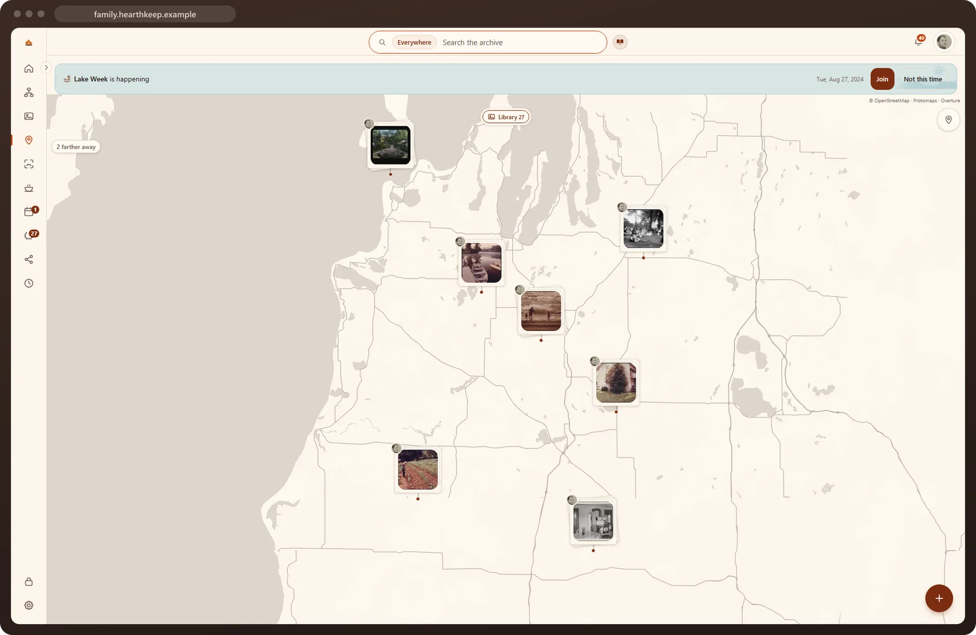 The map: photographs where they were taken, some in piles with a count.
