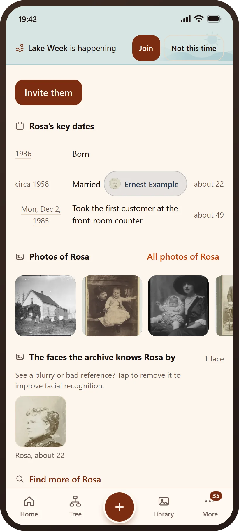 Rosa Example’s page on a phone: her photographs and her key dates.