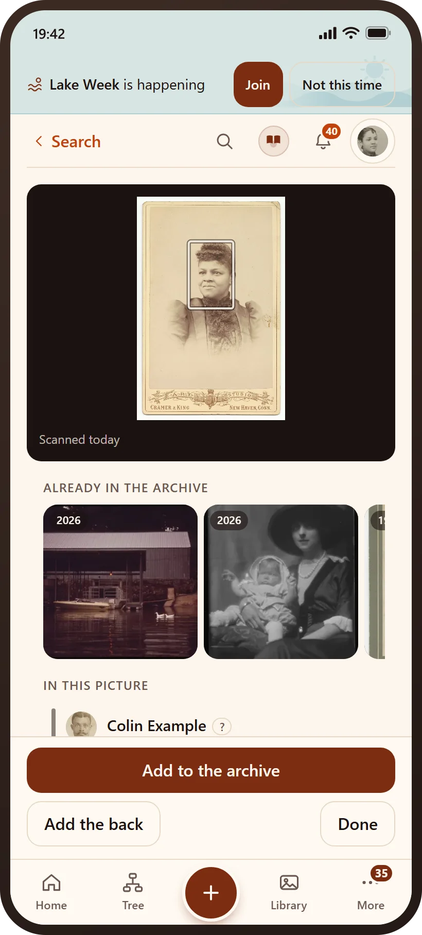 A scanned print on a phone: the face it found, and photographs already in the archive that look like it.