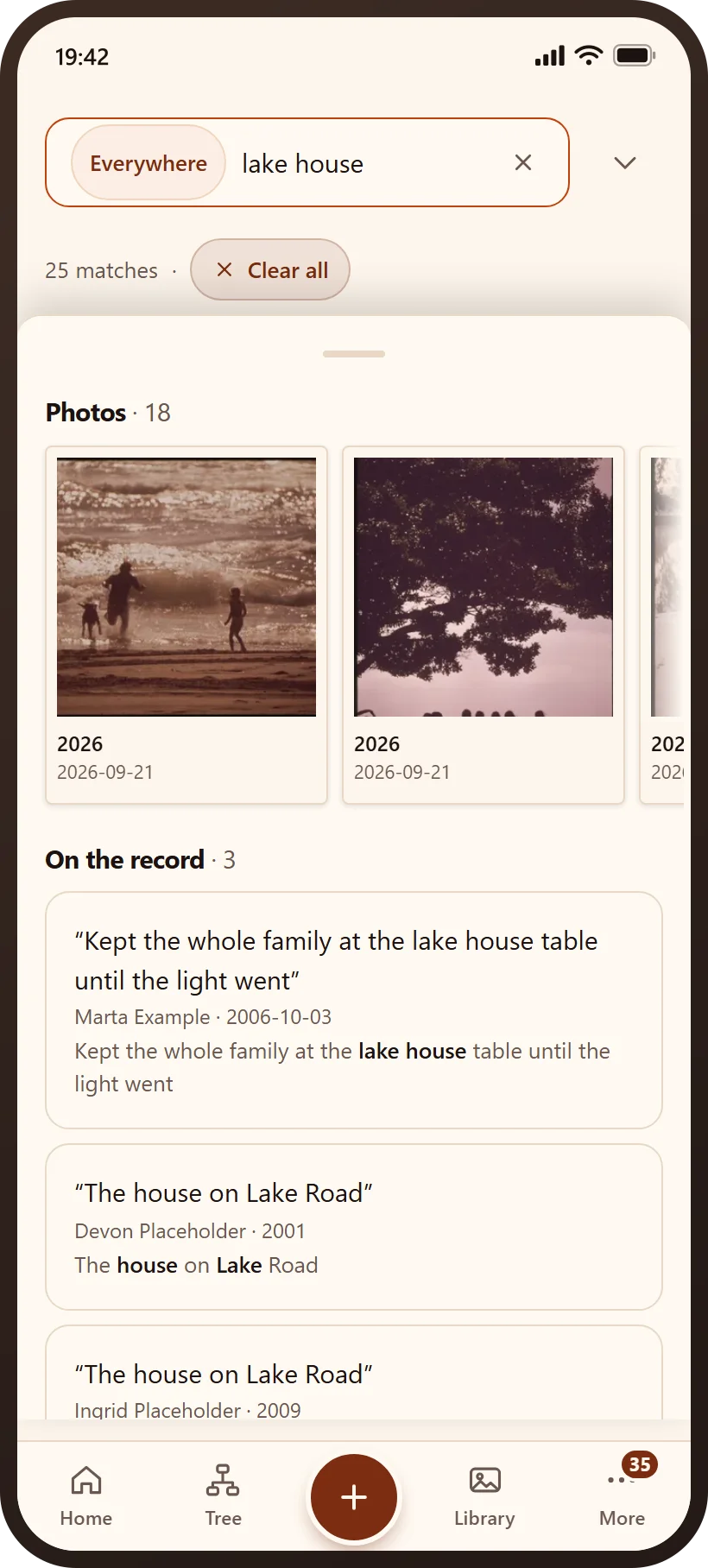 Search on a phone: photographs and what the family recorded, found for “lake house”.